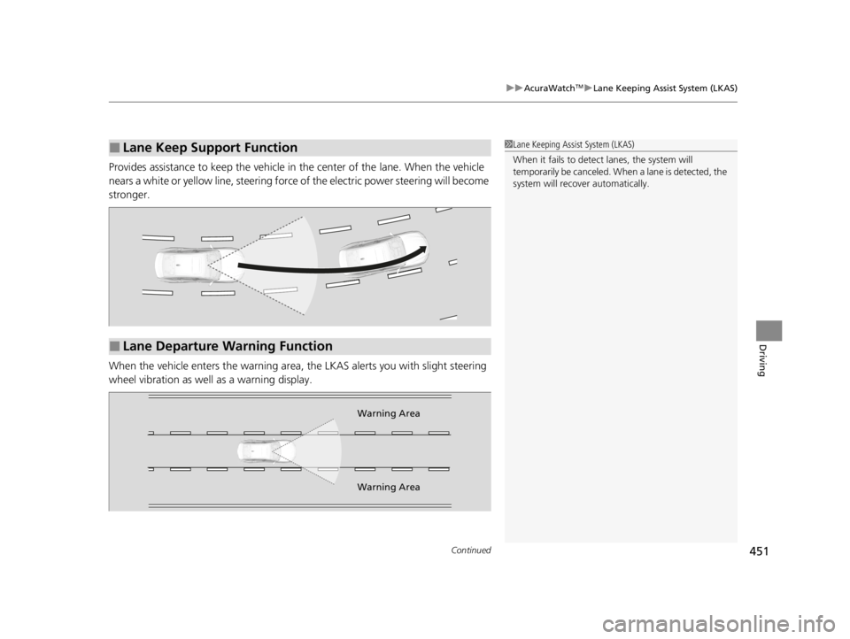 ACURA TLX 2022  Owners Manual Continued451
uuAcuraWatchTMuLane Keeping Assist System (LKAS)
Driving
Provides assistance to keep the vehicle in the center of the lane. When the vehicle 
nears a white or yellow line,  steering force