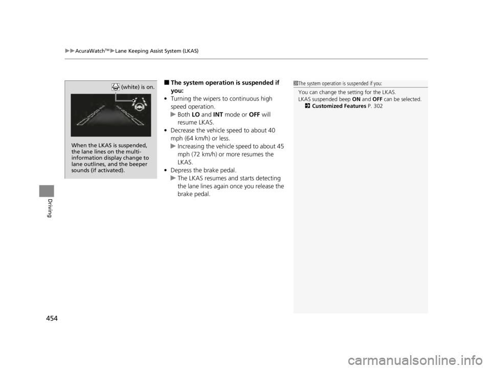 ACURA TLX 2022  Owners Manual uuAcuraWatchTMuLane Keeping Assist System (LKAS)
454
Driving
■The system operation is suspended if 
you:
• Turning the wipers to continuous high 
speed operation.
u Both  LO and  INT mode or  OFF 