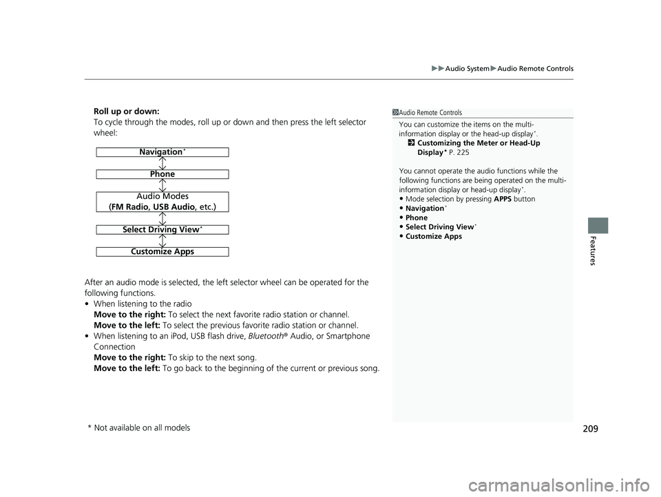 ACURA TLX 2023 Owners Manual 209
uuAudio System uAudio Remote Controls
Features
Roll up or down:
To cycle through the modes, roll up or down and then press the left selector
wheel:
After an audio mode is selected, the left sele ACURA TLX 2023 Owners Manual 209
uuAudio System uAudio Remote Controls
Features
Roll up or down:
To cycle through the modes, roll up or down and then press the left selector
wheel:
After an audio mode is selected, the left sele