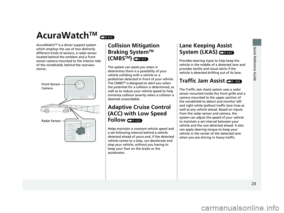 ACURA TLX 2023  Owners Manual 23
Quick Reference Guide
AcuraWatchTM (P415)
AcuraWatch
TM is a driver support system 
which employs the use of two distinctly 
different kinds of sensors, a radar sensor 
located behind the emblem an