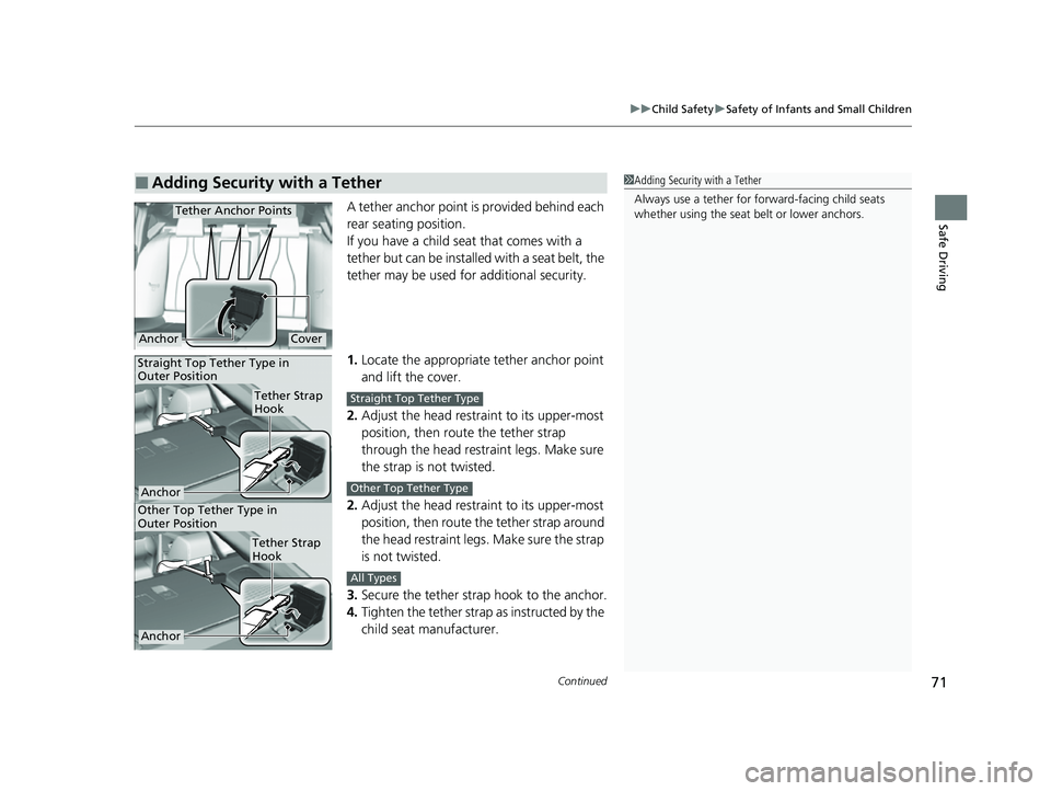 ACURA TLX 2023 Manual PDF Continued71
uuChild Safety uSafety of Infants and Small Children
Safe DrivingA tether anchor point is provided behind each 
rear seating position.
If you have a child s eat that comes with a 
tether b
