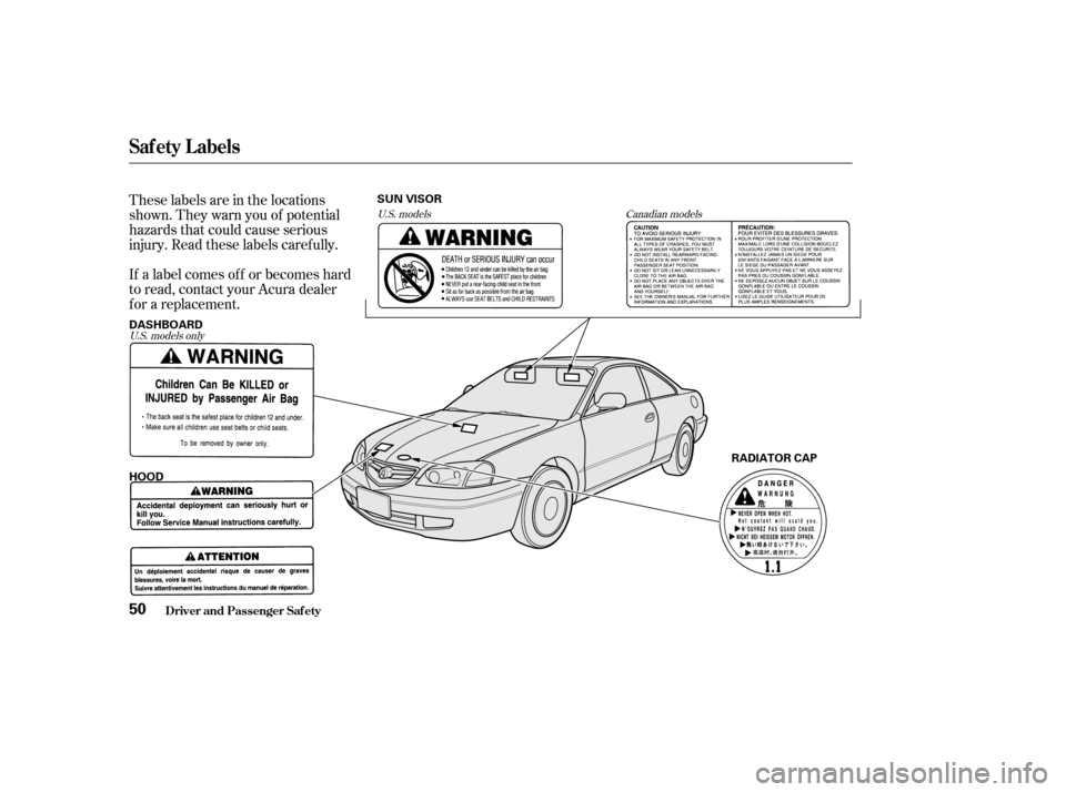 Acura CL 2002  Owners Manual These labels are in the locations
shown. They warn you of potential
hazards that could cause serious
injury. Read these labels caref ully.
If a label comes of f or becomes hard
to read, contact your A