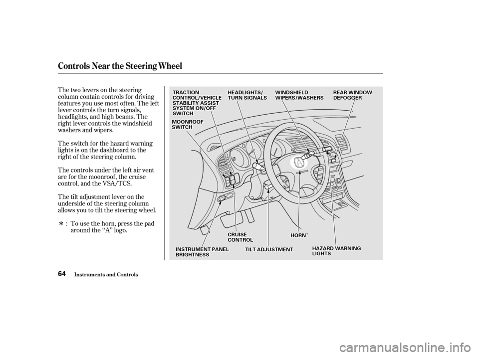 Acura CL 2002 Repair Manual Î
Î
Î Thetwoleversonthesteering
column contain controls f or driving
f eatures you use most of ten. The lef t
lever controls the turn signals,
headlights, and high beams. The
right lever control