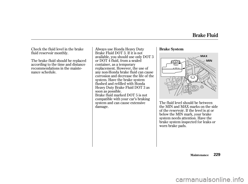 Acura CL 2001  Owners Manual The f luid level should be between
theMINandMAXmarksontheside
of the reservoir. If the level is at or
below the MIN mark, your brake
system needs attention. Have the
brake system inspected f or leaks 