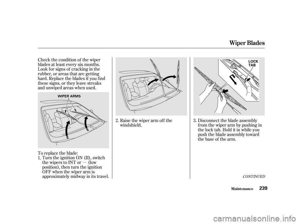 Acura CL 2001  Owners Manual µ
Check the condition of the wiper
blades at least every six months.
Look f or signs of cracking in the
rubber, or areas that are getting
hard. Replace the blades if you f ind
these signs, or they l
