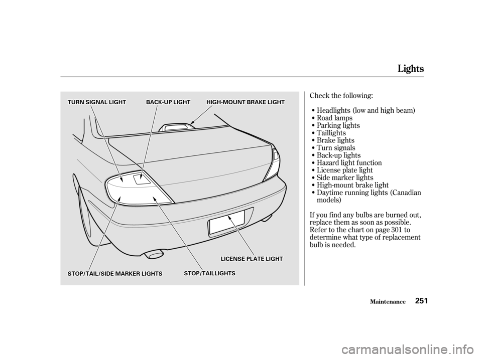 Acura CL 2001  Owners Manual Check the f ollowing:
If youfindanybulbsareburnedout,
replace them as soon as possible.
Refer to the chart on page to
determinewhattypeof replacement
bulb is needed.Headlights (low and high beam)
Road