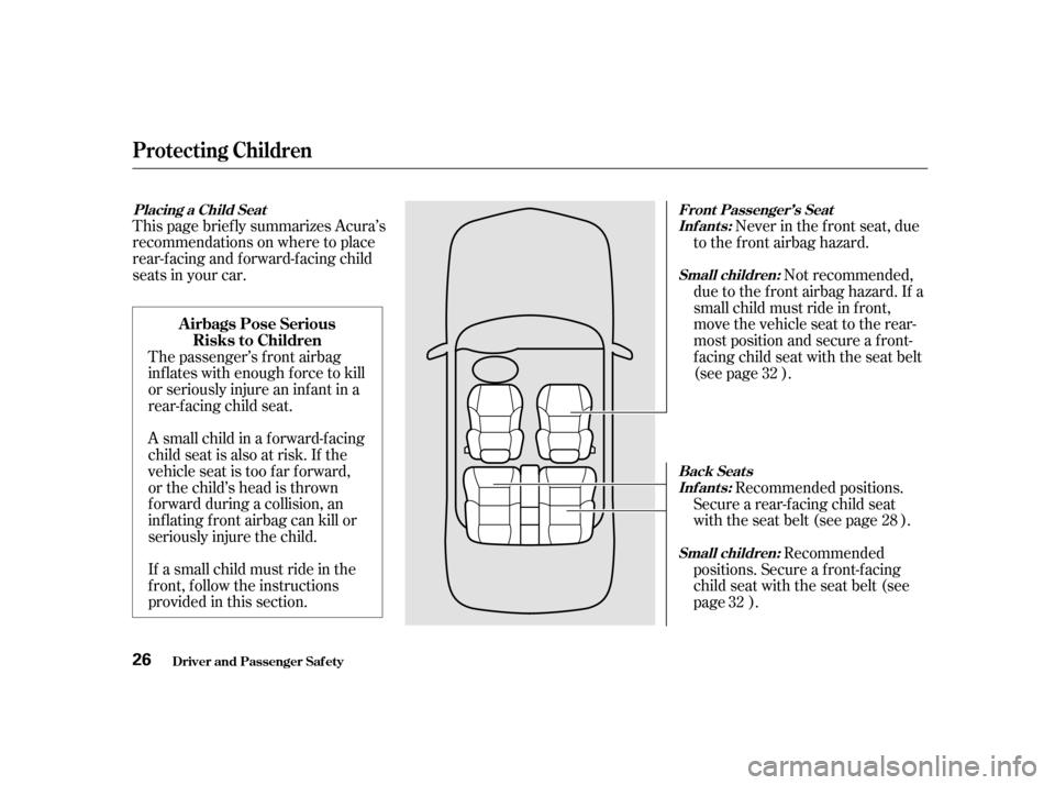 Acura CL 2001  Owners Manual If a small child must ride in the
f ront, f ollow the instructions
provided in this section.
This page brief ly summarizes Acura’s
recommendations on where to place
rear-f acing and f orward-f acing