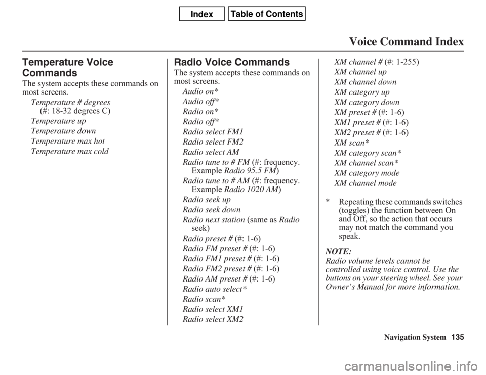 Acura CSX 2011  Navigation Manual Navigation System135
Voice Command Index
Temperature Voice 
CommandsThe system accepts these commands on 
most screens.
Temperature # degrees 
(#: 18-32 degrees C)
Temperature up
Temperature down
Temp