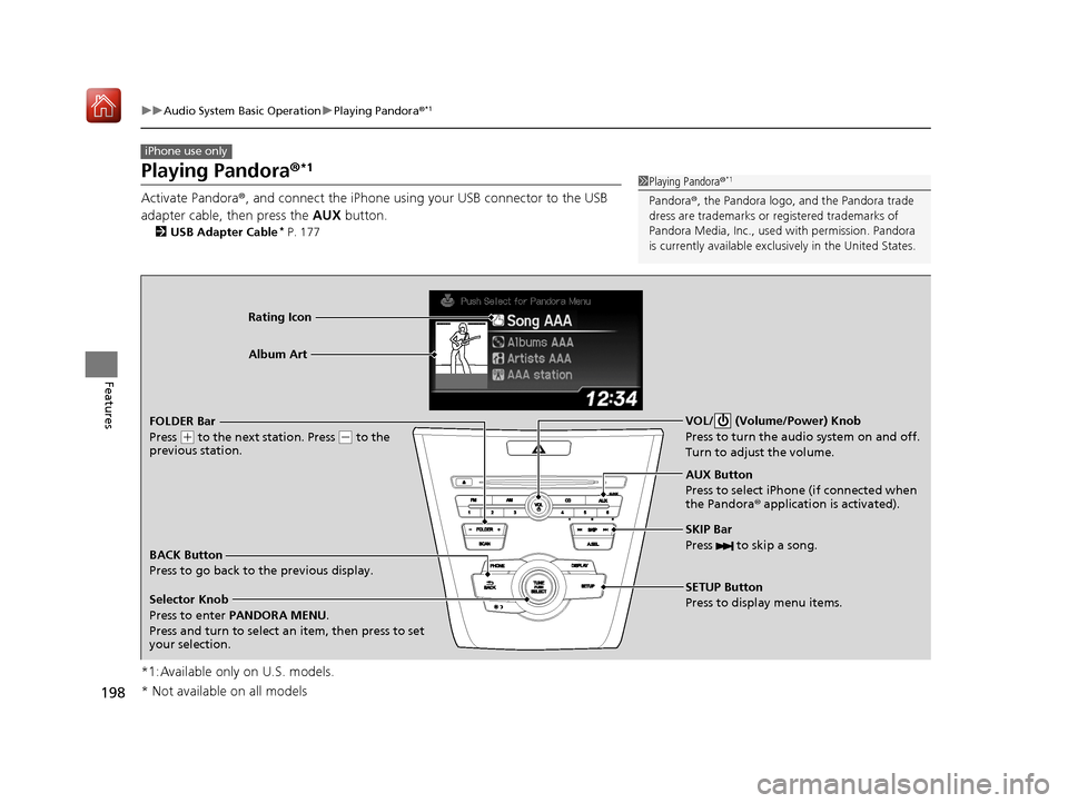 Acura ILX 2020  Owners Manual 198
uuAudio System Basic Operation uPlaying Pandora ®*1
Features
Playing Pandora ®*1
Activate Pandora®, and connect the iPhone using your USB connector to the USB 
adapter cable, then press the  AU