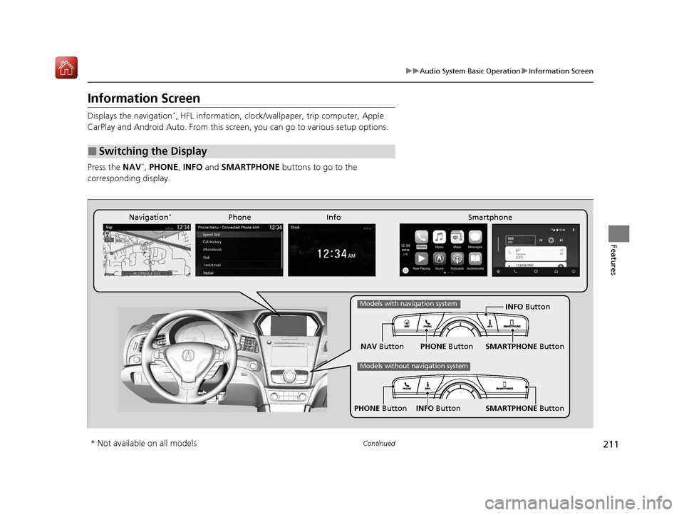 Acura ILX 2020  Owners Manual 211
uuAudio System Basic Operation uInformation Screen
Continued
Features
Information Screen
Displays the navigation*, HFL information, clock/wallp aper, trip computer, Apple 
CarPlay and Android Auto