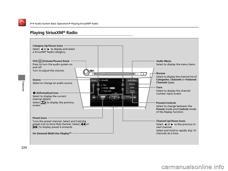 Acura ILX 2020  Owners Manual 224
uuAudio System Basic Operation uPlaying SiriusXM ® Radio
Features
Playing SiriusXM ® Radio
On Demand Multi-Use DisplayTM
VOL/  (Volume/Power) Knob
Press to turn the audio system on 
and off.
Tur