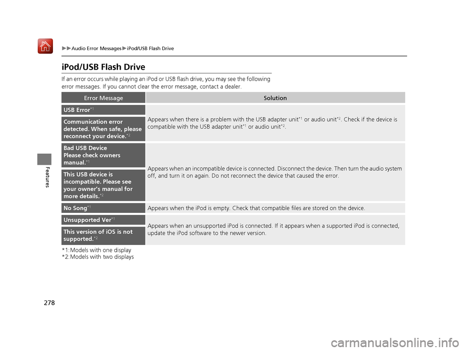 Acura ILX 2020 Owners Guide 278
uuAudio Error Messages uiPod/USB Flash Drive
Features
iPod/USB Flash Drive
If an error occurs while play ing an iPod or USB flash driv e, you may see the following
error messages. If you cannot c Acura ILX 2020 Owners Guide 278
uuAudio Error Messages uiPod/USB Flash Drive
Features
iPod/USB Flash Drive
If an error occurs while play ing an iPod or USB flash driv e, you may see the following
error messages. If you cannot c