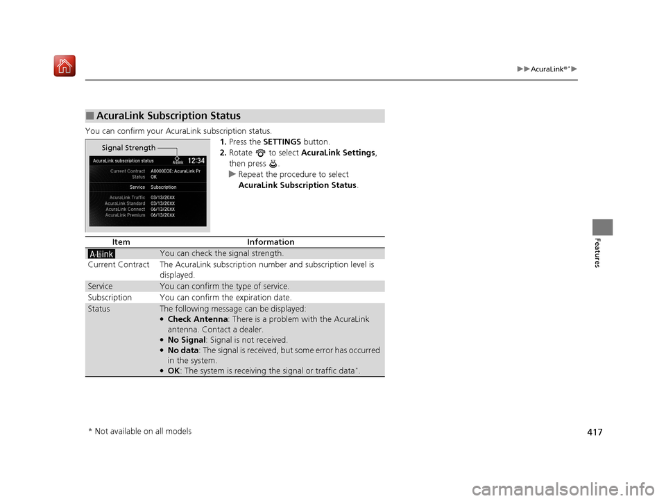 Acura ILX 2020 Owners Manual 417
uuAcuraLink ®*u
Features
You can confirm your AcuraLink subscription status.
1.Press the SETTINGS button.
2. Rotate to select AcuraLink Settings ,
then press .
u Repeat the procedure to se Acura ILX 2020 Owners Manual 417
uuAcuraLink ®*u
Features
You can confirm your AcuraLink subscription status.
1.Press the SETTINGS button.
2. Rotate to select AcuraLink Settings ,
then press .
u Repeat the procedure to se