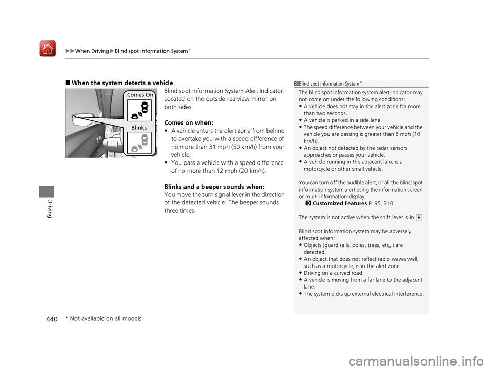 Acura ILX 2020 Owners Manual uuWhen Driving uBlind spot information System*
440
Driving
■When the system detects a vehicle
Blind spot information System Alert Indicator:
Located on the outside rearview mirror on
both sides.
C Acura ILX 2020 Owners Manual uuWhen Driving uBlind spot information System*
440
Driving
■When the system detects a vehicle
Blind spot information System Alert Indicator:
Located on the outside rearview mirror on
both sides.
C
