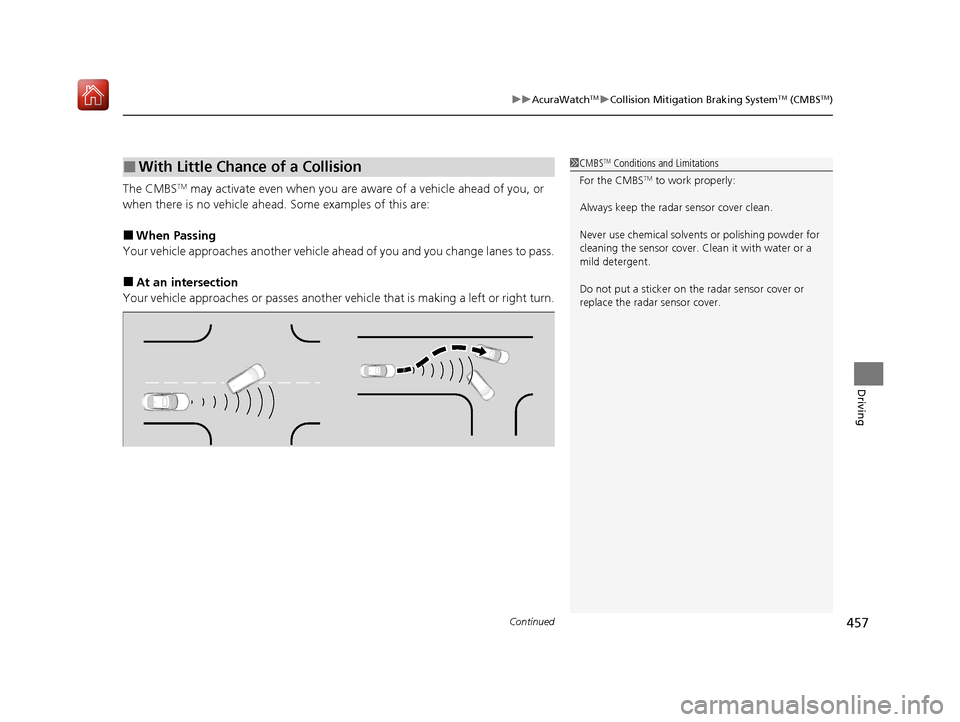 Acura ILX 2020 Owners Guide Continued457
uuAcuraWatchTMuCollision Mitigation Braking SystemTM (CMBSTM)
Driving
The CMBSTM may activate even when you are aware of a vehicle ahead of you, or
when there is no vehicle ahead. Some Acura ILX 2020 Owners Guide Continued457
uuAcuraWatchTMuCollision Mitigation Braking SystemTM (CMBSTM)
Driving
The CMBSTM may activate even when you are aware of a vehicle ahead of you, or
when there is no vehicle ahead. Some