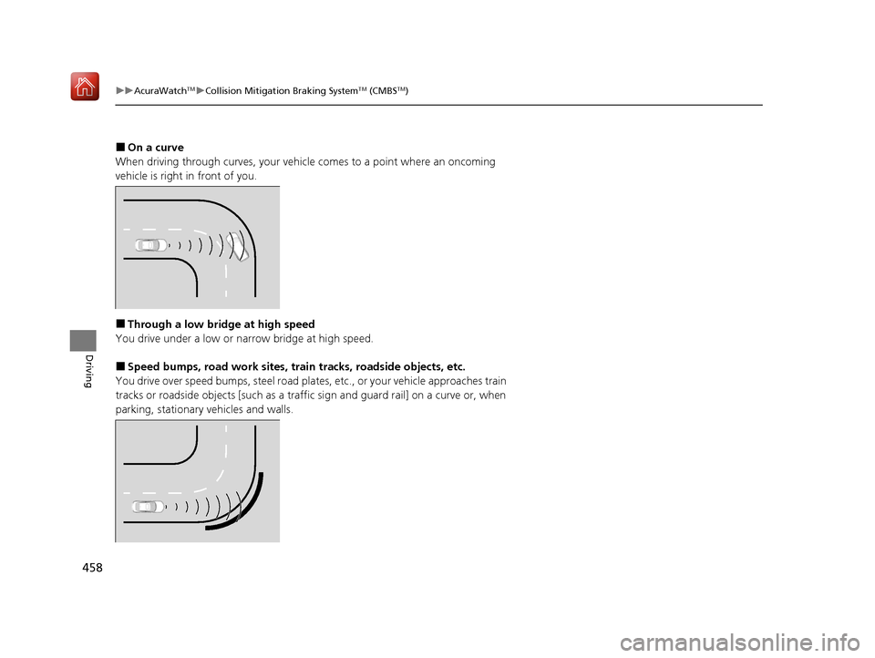 Acura ILX 2020  Owners Manual 458
uuAcuraWatchTMuCollision Mitigation Braking SystemTM (CMBSTM)
Driving
■On a curve
When driving through curves, your vehicle comes to a point where an oncoming 
vehicle is right in front of you.
