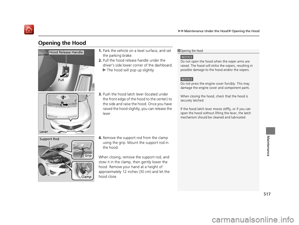 Acura ILX 2020  Owners Manual 517
uuMaintenance Under the Hood uOpening the Hood
Maintenance
Opening the Hood
1. Park the vehicle on a level surface, and set 
the parking brake.
2. Pull the hood release handle under the 
driver’
