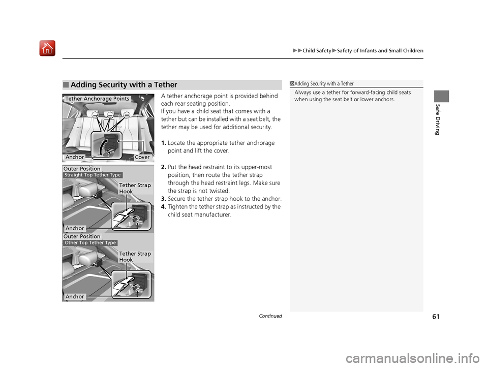 Acura ILX 2020 Repair Manual Continued61
uuChild Safety uSafety of Infants and Small Children
Safe DrivingA tether anchorage point is provided behind 
each rear seating position.
If you have a child s eat that comes with a 
tethe