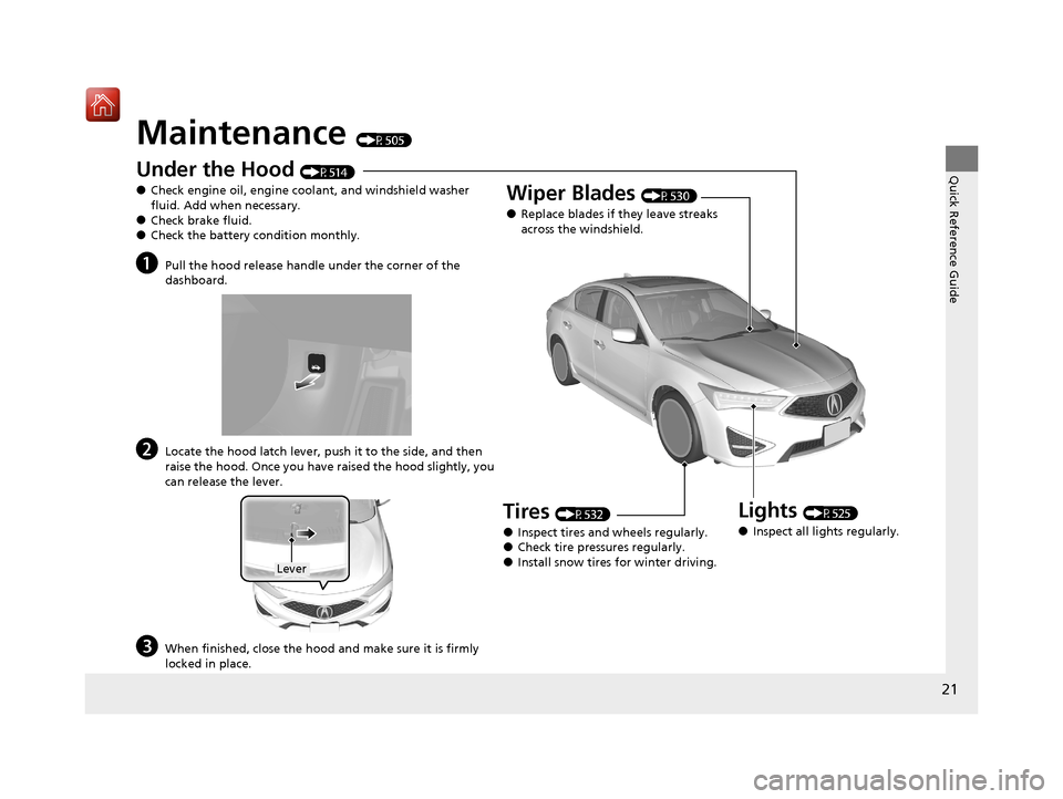 Acura ILX 2019  Owners Manual 21
Quick Reference Guide
Maintenance (P505)
Under the Hood (P514)
●Check engine oil, engine coolant, and windshield washer 
fluid. Add when necessary.
●Check brake fluid.●Check the battery condi