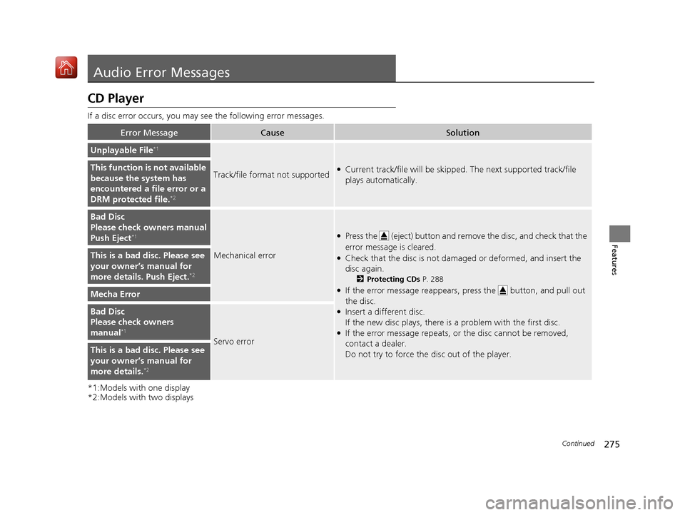 Acura ILX 2019  Owners Manual 275Continued
Features
Audio Error Messages
CD Player
If a disc error occurs, you may see the following error messages.
*1:Models with one display
*2:Models with two displays
Error MessageCauseSolution