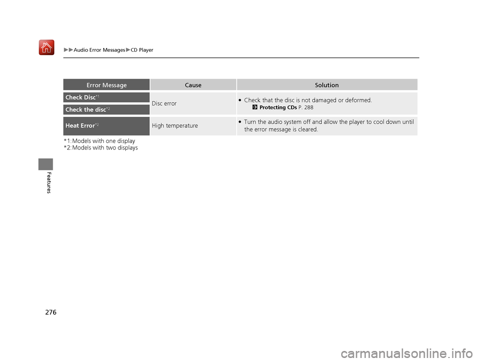 Acura ILX 2019 Owners Manual 276
uuAudio Error Messages uCD Player
Features
*1:Models with one display
*2:Models with two displays
Error MessageCauseSolution
Check Disc*1
Disc error●Check that the disc is not damaged or deforme Acura ILX 2019 Owners Manual 276
uuAudio Error Messages uCD Player
Features
*1:Models with one display
*2:Models with two displays
Error MessageCauseSolution
Check Disc*1
Disc error●Check that the disc is not damaged or deforme