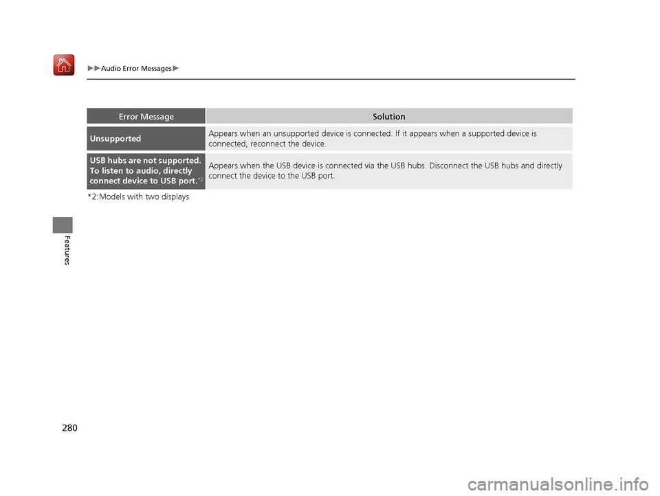 Acura ILX 2019 Owners Manual 280
uuAudio Error Messages u
Features
*2:Models with two displays
Error MessageSolution
UnsupportedAppears when an unsupported device is connect ed. If it appears when a supported device is
connected Acura ILX 2019 Owners Manual 280
uuAudio Error Messages u
Features
*2:Models with two displays
Error MessageSolution
UnsupportedAppears when an unsupported device is connect ed. If it appears when a supported device is
connected