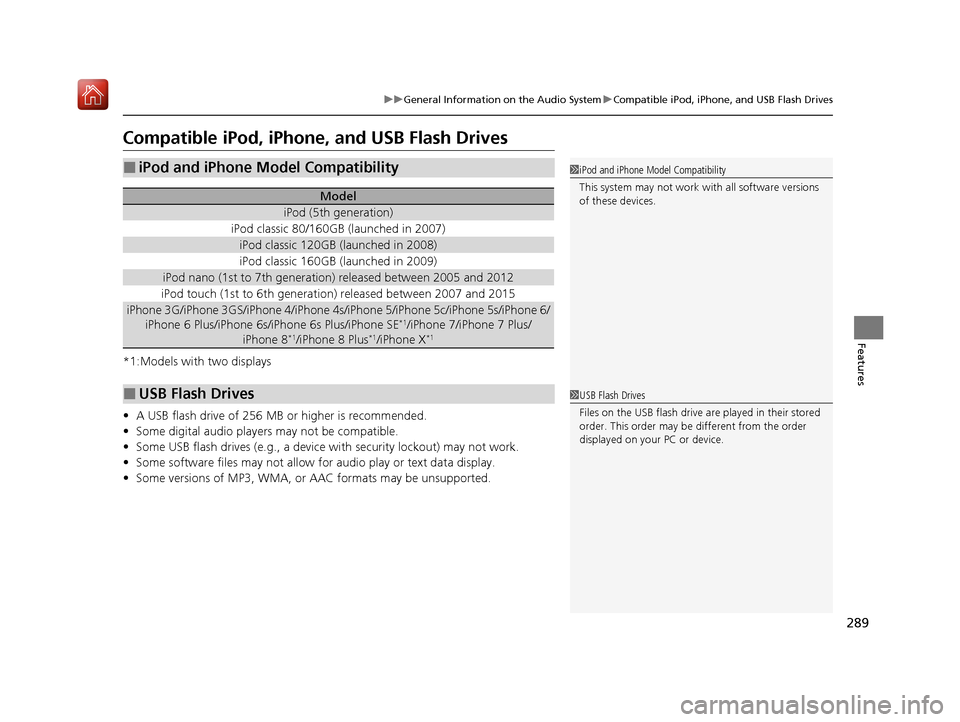 Acura ILX 2019 Owners Manual 289
uuGeneral Information on the Audio System uCompatible iPod, iPhone, and USB Flash Drives
Features
Compatible iPod, iPhone , and USB Flash Drives
*1:Models with two displays
•A USB flash drive of Acura ILX 2019 Owners Manual 289
uuGeneral Information on the Audio System uCompatible iPod, iPhone, and USB Flash Drives
Features
Compatible iPod, iPhone , and USB Flash Drives
*1:Models with two displays
•A USB flash drive of