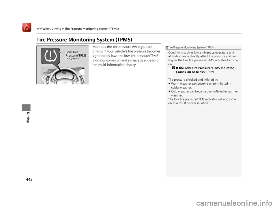 Acura ILX 2019  Owners Manual 442
uuWhen Driving uTire Pressure Monitoring System (TPMS)
Driving
Tire Pressure Monitoring System (TPMS)
Monitors the tire pressure while you are 
driving. If your vehicle s tire pressure becomes 
s