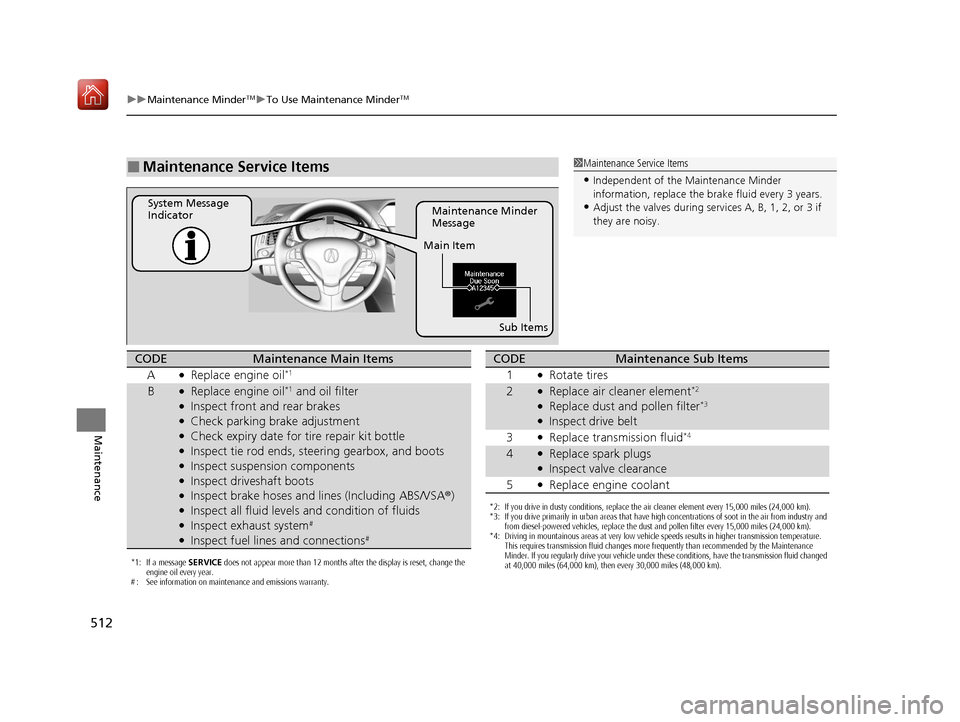 Acura ILX 2019 Owners Guide 512
uuMaintenance MinderTMuTo Use Maintenance MinderTM
Maintenance
■Maintenance Service Items1Maintenance Service Items
•Independent of the Maintenance Minder 
information, replace the brake fluid