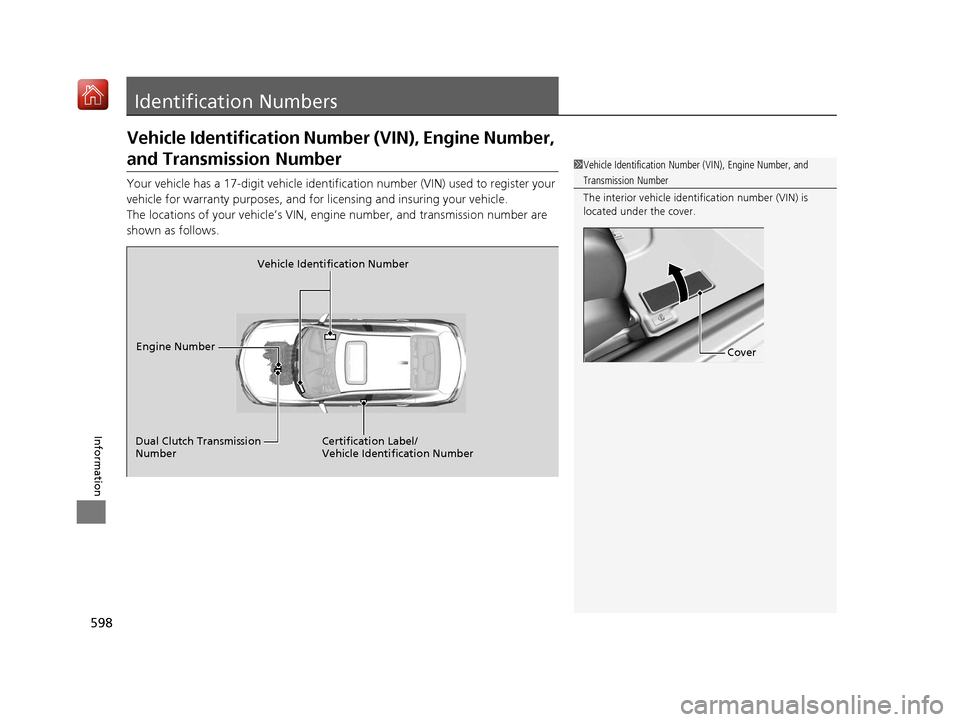 Acura ILX 2019 Owners Manual 598
Information
Identification Numbers
Vehicle Identification Number (VIN), Engine Number,
and Transmission Number
Your vehicle has a 17-digit vehicle identification number (V IN) used to register yo Acura ILX 2019 Owners Manual 598
Information
Identification Numbers
Vehicle Identification Number (VIN), Engine Number,
and Transmission Number
Your vehicle has a 17-digit vehicle identification number (V IN) used to register yo