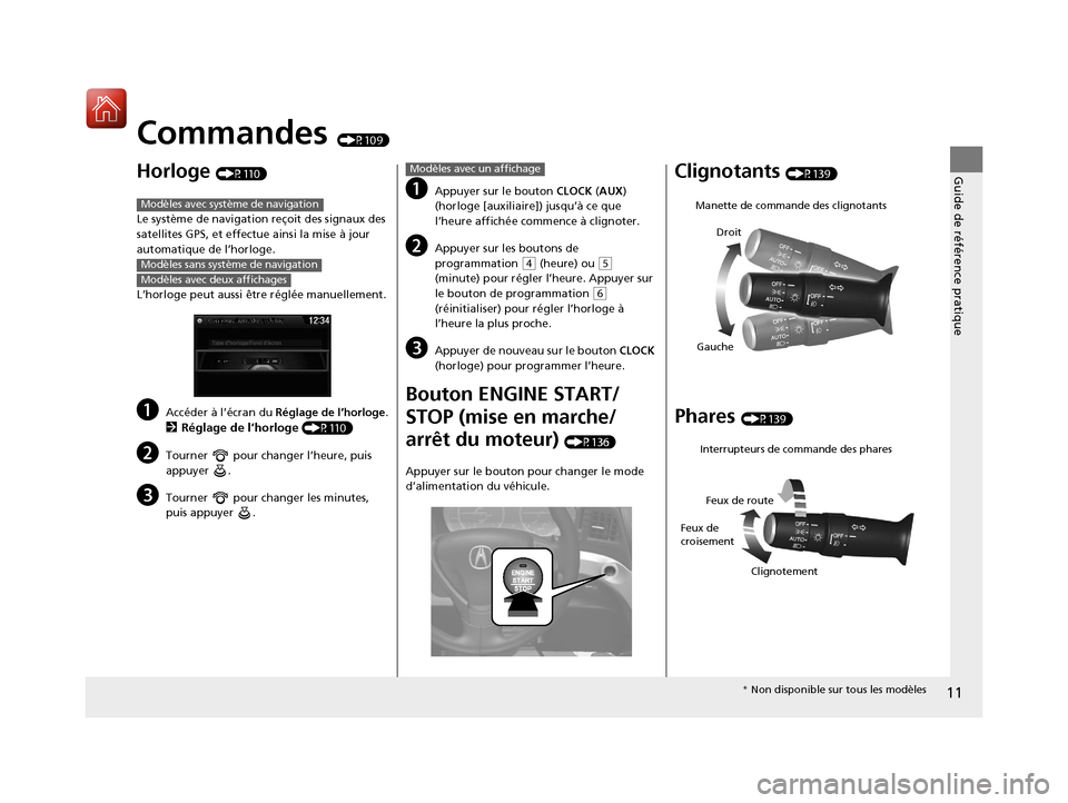 Acura ILX 2018  Manuel du propriétaire (in French) 11
Guide de référence pratique
Commandes (P109)
Horloge (P110)
Le système de navigation reçoit des signaux des 
satellites GPS, et effectue ainsi la mise à jour 
automatique de l’horloge.
L’h