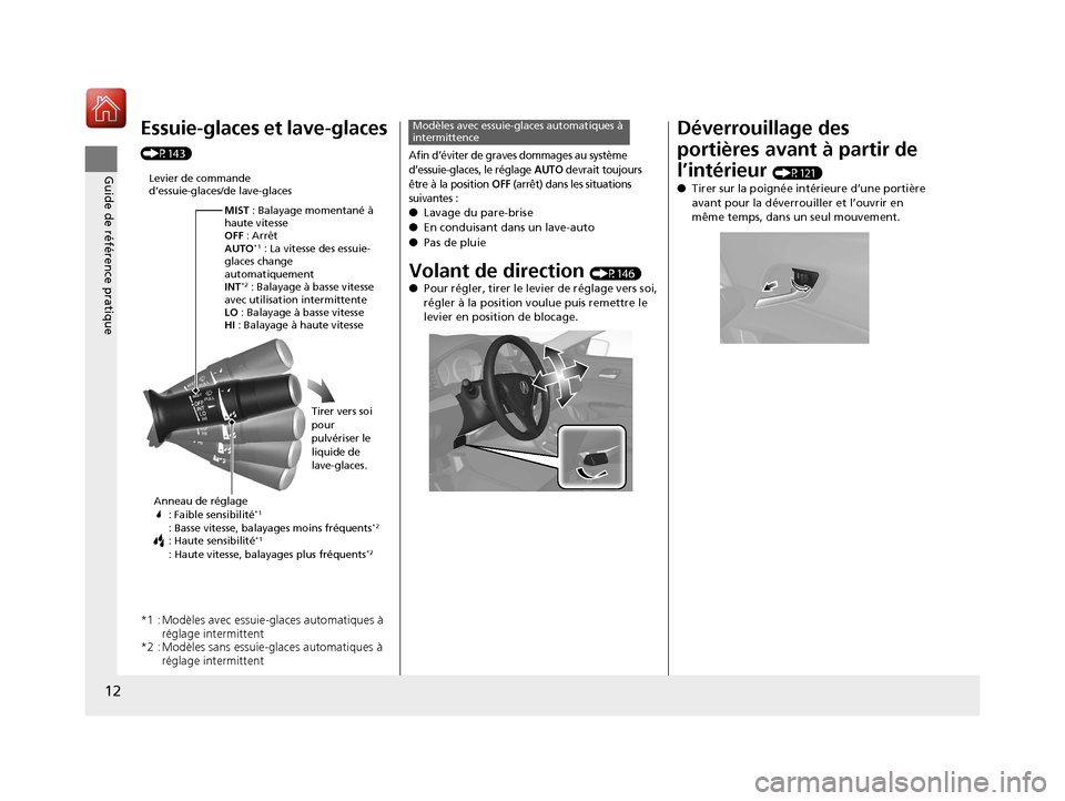 Acura ILX 2018  Manuel du propriétaire (in French) 12
Guide de référence pratique
Essuie-glaces et lave-glaces 
(P143)
*1 : Modèles avec essuie-glaces automatiques à 
réglage intermittent
*2 : Modèles sans essuie-glaces automatiques à  réglage