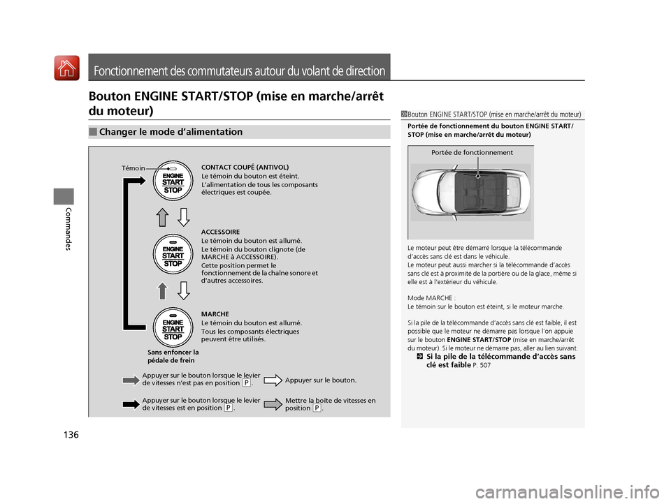 Acura ILX 2018  Manuel du propriétaire (in French) 136
Commandes
Fonctionnement des commutateurs autour du volant de direction
Bouton ENGINE START/STOP (mise en marche/arrêt 
du moteur)
■Changer le mode d’alimentation
1Bouton ENGINE START/STOP (m