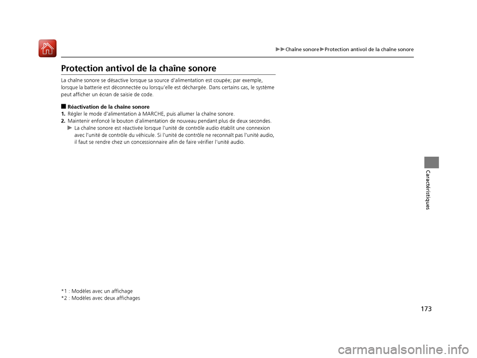 Acura ILX 2018 Manuel du propriétaire (in French) 173
uuChaîne sonore uProtection antivol de la chaîne sonore
Caractéristiques
Protection antivol de la chaîne sonore
La chaîne sonore se désactive lorsque sa source d’alimentation est coupée; Acura ILX 2018 Manuel du propriétaire (in French) 173
uuChaîne sonore uProtection antivol de la chaîne sonore
Caractéristiques
Protection antivol de la chaîne sonore
La chaîne sonore se désactive lorsque sa source d’alimentation est coupée;