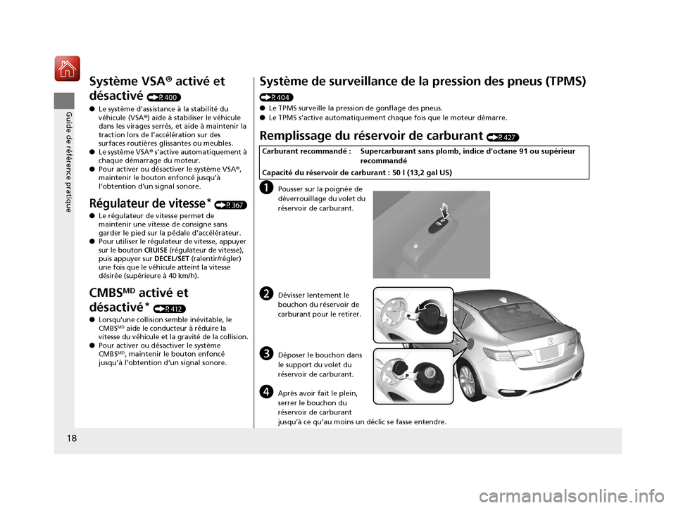 Acura ILX 2018  Manuel du propriétaire (in French) 18
Guide de référence pratique
Système VSA® activé et 
désactivé 
(P400)
● Le système d’assistance à la stabilité du 
véhicule (VSA ®) aide à stabiliser le véhicule 
dans les virages