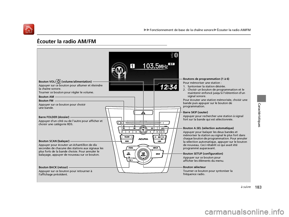 Acura ILX 2018  Manuel du propriétaire (in French) 183
uuFonctionnement de base de la chaîne sonore uÉcouter la radio AM/FM
à suivre
Caractéristiques
Écouter la radio AM/FM
Bouton SCAN (balayer)
Appuyer pour écouter un échantillon de dix 
secon