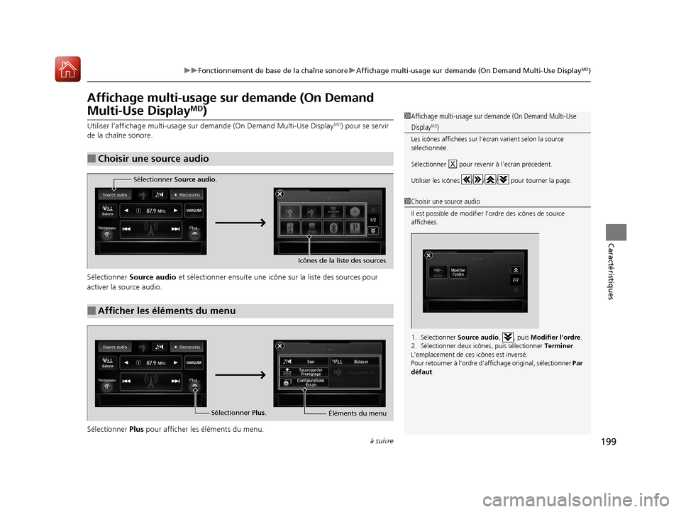 Acura ILX 2018  Manuel du propriétaire (in French) 199
uuFonctionnement de base de la chaîne sonore uAffichage multi-usage sur demande (On Demand Multi-Use DisplayMD)
à suivre
Caractéristiques
Affichage multi-usage  sur demande (On Demand 
Multi-Us