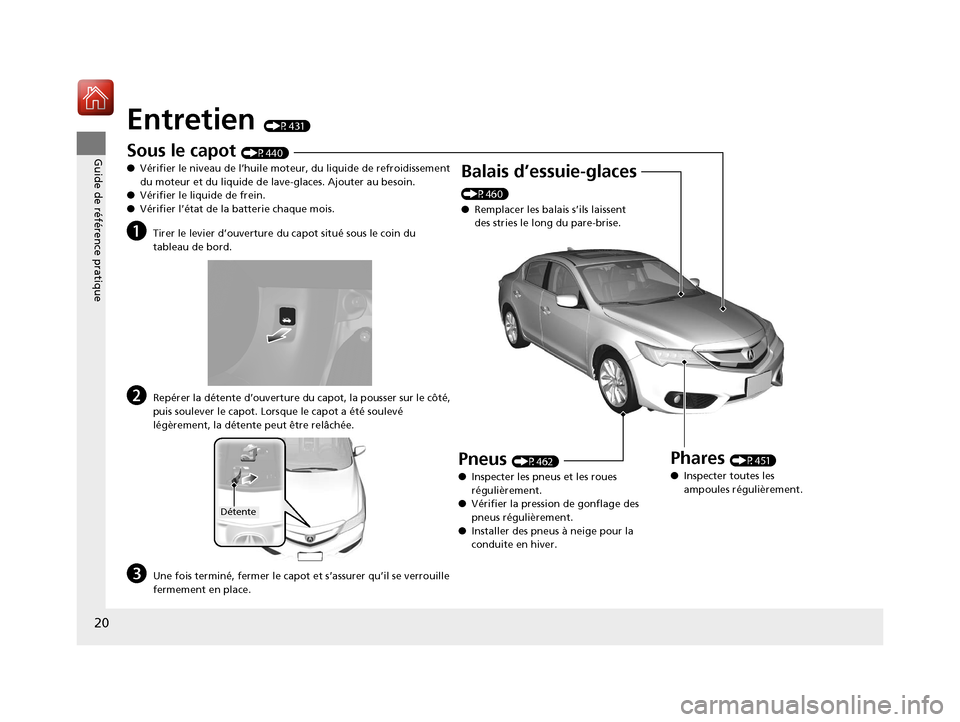 Acura ILX 2018  Manuel du propriétaire (in French) 20
Guide de référence pratique
Entretien (P431)
Sous le capot (P440)
● Vérifier le niveau de l’huile moteur, du liquide de refroidissement 
du moteur et du liquide de la ve-glaces. Ajouter au b