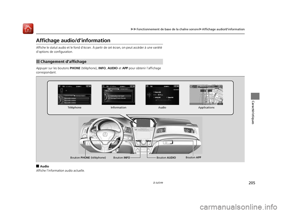 Acura ILX 2018  Manuel du propriétaire (in French) 205
uuFonctionnement de base de la chaîne sonore uAffichage audio/d’information
à suivre
Caractéristiques
Affichage audio/d’information
Affiche le statut audio et le f ond d’écran. À partir