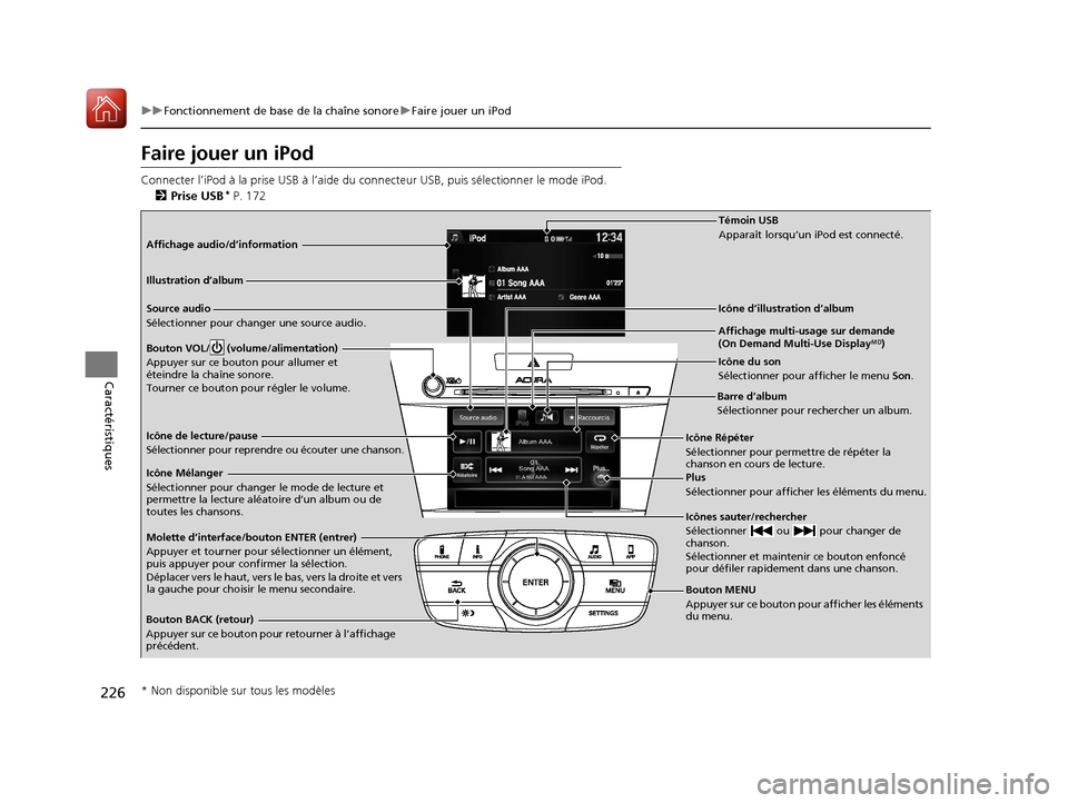 Acura ILX 2018 Manuel du propriétaire (in French) 226
uuFonctionnement de base de la chaîne sonore uFaire jouer un iPod
Caractéristiques
Faire jouer un iPod
Connecter l’iPod à la pr ise USB à l’aide du connecteur US B, puis sélectionner le m Acura ILX 2018 Manuel du propriétaire (in French) 226
uuFonctionnement de base de la chaîne sonore uFaire jouer un iPod
Caractéristiques
Faire jouer un iPod
Connecter l’iPod à la pr ise USB à l’aide du connecteur US B, puis sélectionner le m