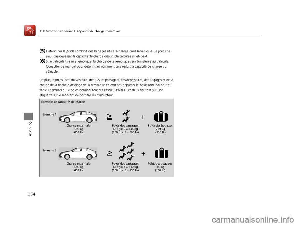 Acura ILX 2018  Manuel du propriétaire (in French) 354
uuAvant de conduire uCapacité de charge maximum
Conduite
(5)Déterminer le poids combiné de s bagages et de la charge dans le véhicule. Le poids ne 
peut pas dépasser la capa cité de charge d