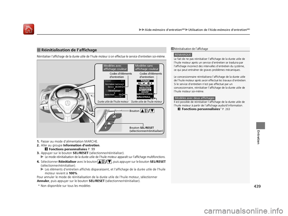 Acura ILX 2018  Manuel du propriétaire (in French) 439
uuAide-mémoire d’entretienMDuUtilisation de l’Aide-mémoire d’entretienMD
Entretien
Réinitialiser l’affichage de la durée utile de l’huile moteur si on effect ue le service d’entret