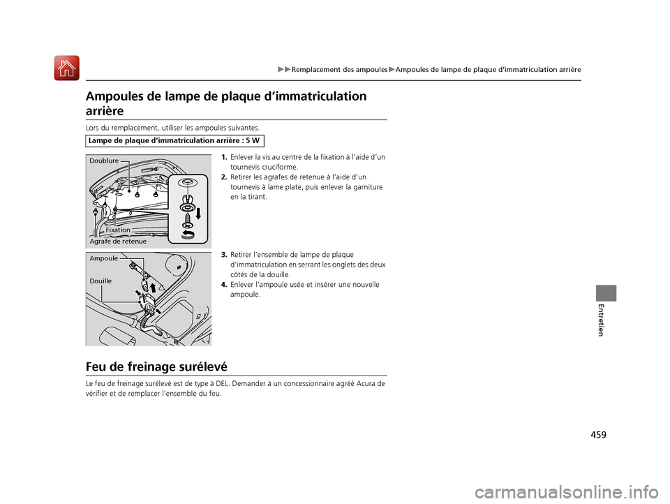 Acura ILX 2018 Manuel du propriétaire (in French) 459
uuRemplacement des ampoules uAmpoules de lampe de plaque d’immatriculation arrière
Entretien
Ampoules de lampe de plaque d’immatriculation
arrière
Lors du remplacement, utiliser les ampoule Acura ILX 2018 Manuel du propriétaire (in French) 459
uuRemplacement des ampoules uAmpoules de lampe de plaque d’immatriculation arrière
Entretien
Ampoules de lampe de plaque d’immatriculation
arrière
Lors du remplacement, utiliser les ampoule