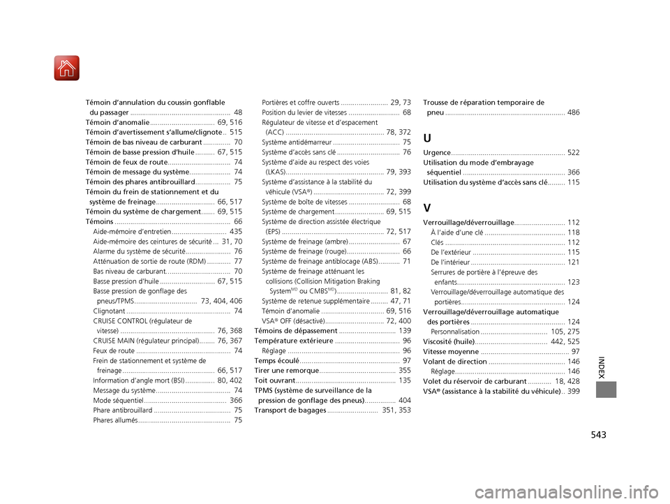 Acura ILX 2018  Manuel du propriétaire (in French) 543
INDEX
Témoin d’annulation du coussin gonflable du passager ...................................................  
48
Témoin d’anomalie .................................  69, 516
Témoin d’a