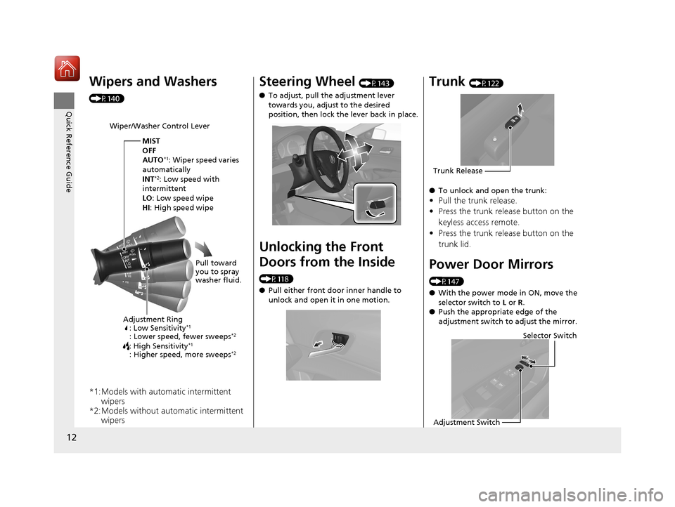 Acura ILX 2017  Owners Manual 12
Quick Reference Guide
Wipers and Washers 
(P140)
*1:Models with automatic intermittent wipers
*2:Models without automatic intermittent  wipers
Wiper/Washer Control Lever
Adjustment Ring: Low Sensit