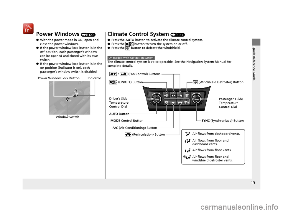 Acura ILX 2017  Owners Manual 13
Quick Reference Guide
Power Windows (P129)
● With the power mode in ON, open and 
close the power windows.
● If the power window lock button is in the 
off position, each passengers window 
ca