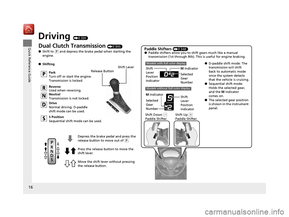 Acura ILX 2017 Owners Manual 16
Quick Reference Guide
Driving (P331)
Release Button
Depress the brake pedal and press the
release button to move out of
( P.
Move the shift lever without pressing
the release button. Press the r Acura ILX 2017 Owners Manual 16
Quick Reference Guide
Driving (P331)
Release Button
Depress the brake pedal and press the
release button to move out of
( P.
Move the shift lever without pressing
the release button. Press the r