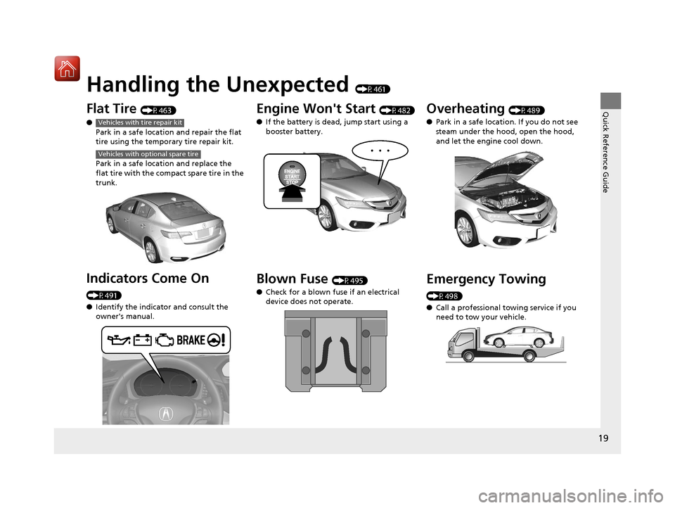 Acura ILX 2017 Owners Manual Quick Reference Guide
19
Handling the Unexpected (P461)
Flat Tire (P463)
● Park in a safe location and repair the flat
tire using the temporary tire repair kit.
Park in a safe location and replace Acura ILX 2017 Owners Manual Quick Reference Guide
19
Handling the Unexpected (P461)
Flat Tire (P463)
● Park in a safe location and repair the flat
tire using the temporary tire repair kit.
Park in a safe location and replace