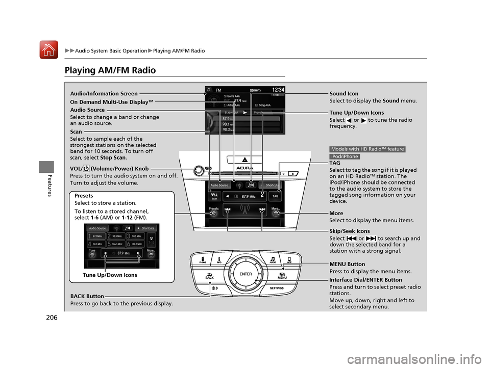 Acura ILX 2017  Owners Manual 206
uuAudio System Basic Operation uPlaying AM/FM Radio
Features
Playing AM/FM Radio
Audio/Information Screen Sound Icon
Select to display the Sound menu.
Tune Up/Down Icons
Select   or   to tune the 