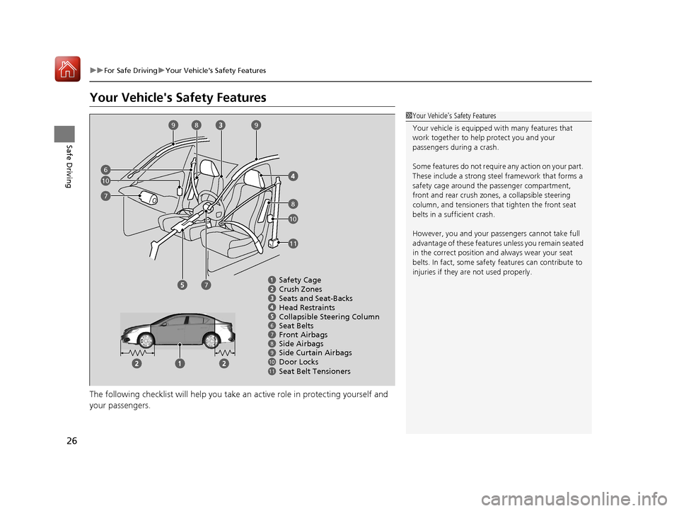 Acura ILX 2017 Owners Guide 26
uuFor Safe Driving uYour Vehicles Safety Features
Safe Driving
Your Vehicles Safety Features
The following checklist will help you take an active role  in protecting yourself and 
your passengers